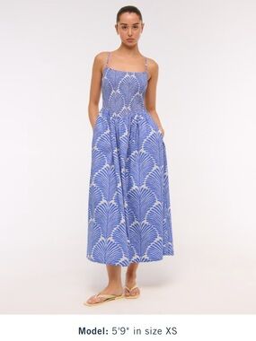 A&F Sydney Smocked Dipped-Waist Midi Dress | Blue Pattern | XS